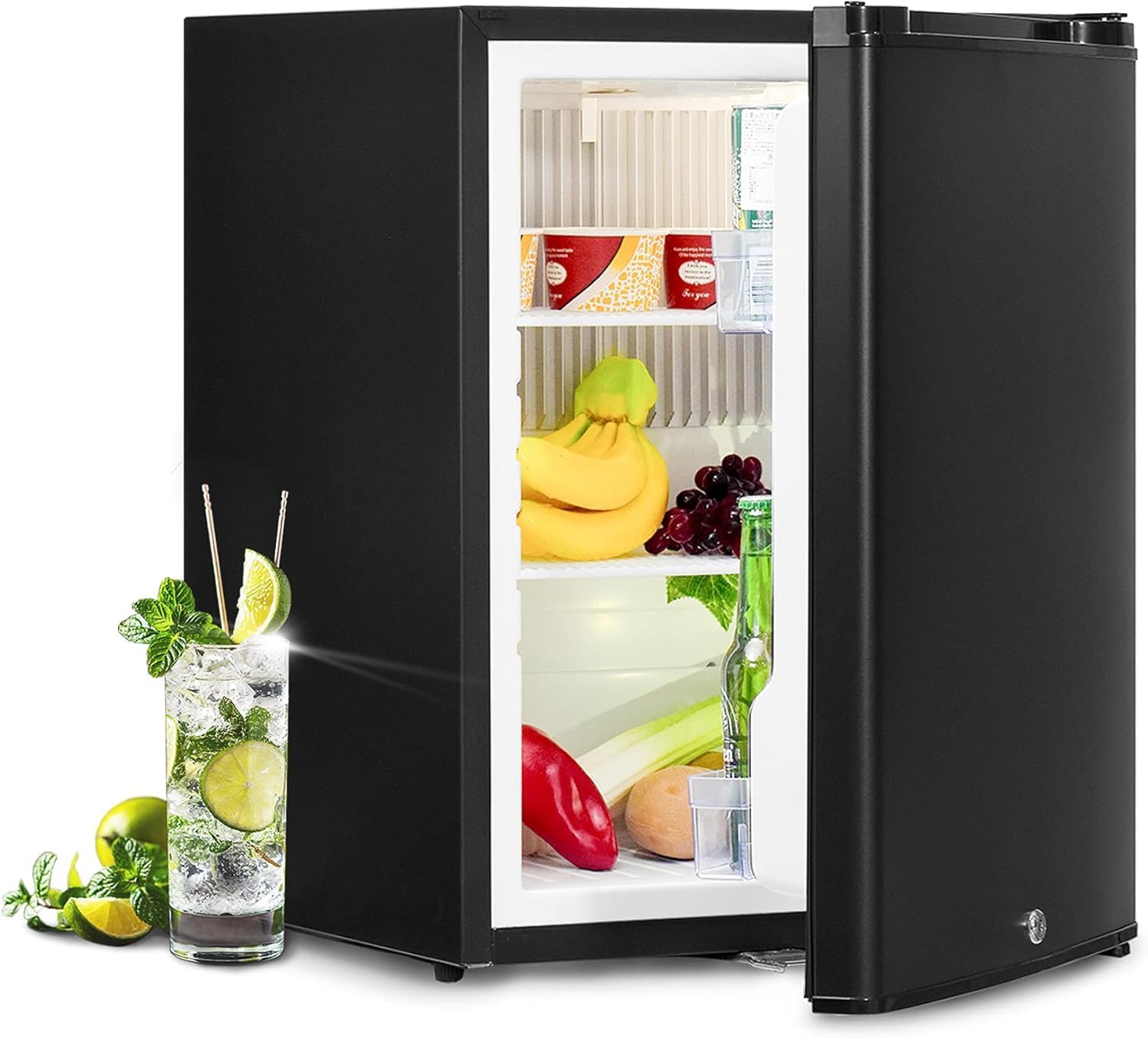 12V/110V Mini Fridge with Lock, AC/DC Compact Refrigerator, Reversible Door, Quiet Absorption Refrigerator for RV Camper, Caravan, Boat,1.4 Cu.Ft, Light, Black