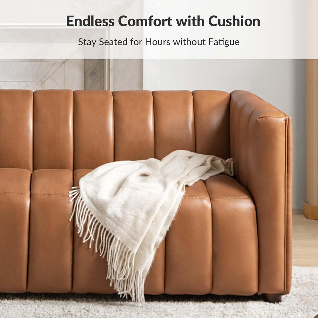 HULALA HOME 83' Genuine Leather Sofa with Channel Tufted Design, 3-Seater Sofa for Living Room Bedroom, Modern Oversized Couch with Wood Legs, Camel