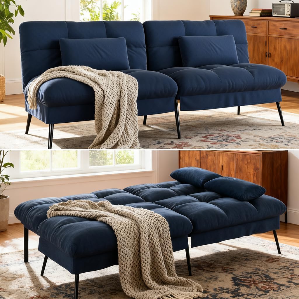 COMHOMA 72″ Futon Sofa Bed,Convertible Fabric Futons Couch with Adjustable Backrest, Folding Sleeper Recliner for Living Room Furniture (Blue)