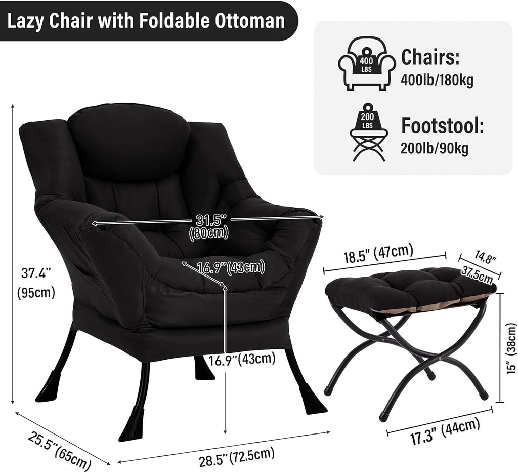 Furlide Lazy Chair with Ottoman, Modern Accent Chair with Armrests and a Side Pocket, Black Accent Chairs, Reading Chairs, Oversized Armchairs for Bedroom, Study, Living Room, Courtyard