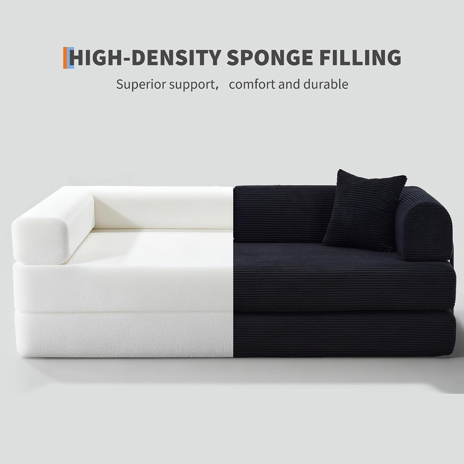 GarveeHome 79' Convertible Sleeper Sofa Bed Couch, 4-in-1 Boneless Corduroy Folding Sofa Bed with Pillow & Fixed-Shape, Floor Mattress Couch Loveseat for Living Room Apartments - No Assembly, Black