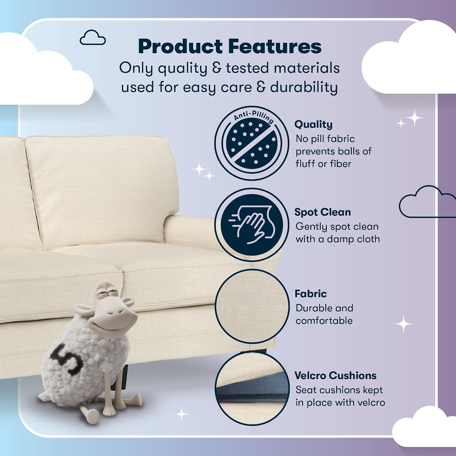 Serta Copenhagen Small Loveseat Sofa, 61 Inch Couch with Rolled Arms, Pocket Coil Seat Cushions, Removable Covers, Easy Care Polyester Upholstery for Living Room, Bedroom or Office, Buttercream