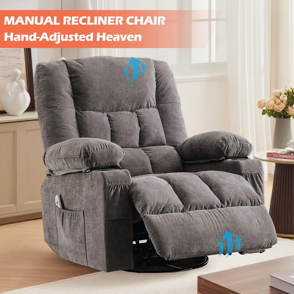 MAHOMICO Recliner Chair with Cup Holders for Living Room Single Seat Manual Oversized Recliner with Ergonomic, Side Pocket for Adult