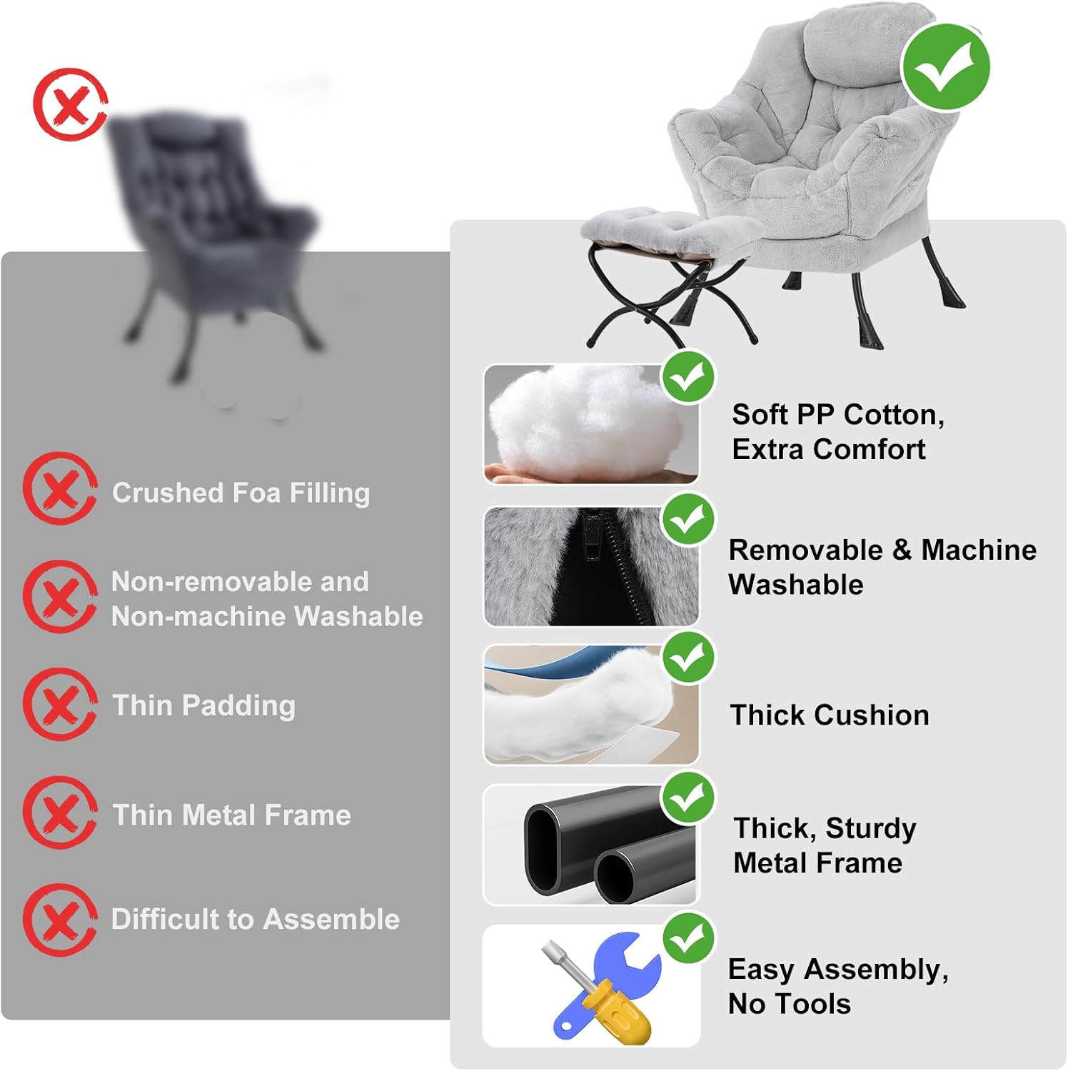 Furlide Lazy Chair with Ottoman, Modern Accent Chair with Armrests and a Side Pocket, Plush Grey Accent Chairs, Reading Chairs, Oversized Armchairs for Bedroom, Study, Living Room, Courtyard