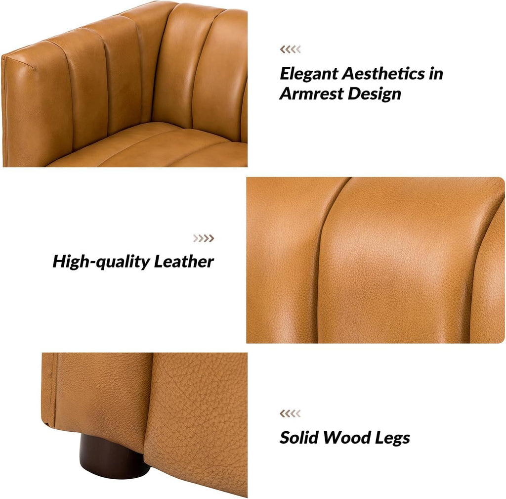 HULALA HOME 83' Genuine Leather Sofa with Channel Tufted Design, 3-Seater Sofa for Living Room Bedroom, Modern Oversized Couch with Wood Legs, Camel
