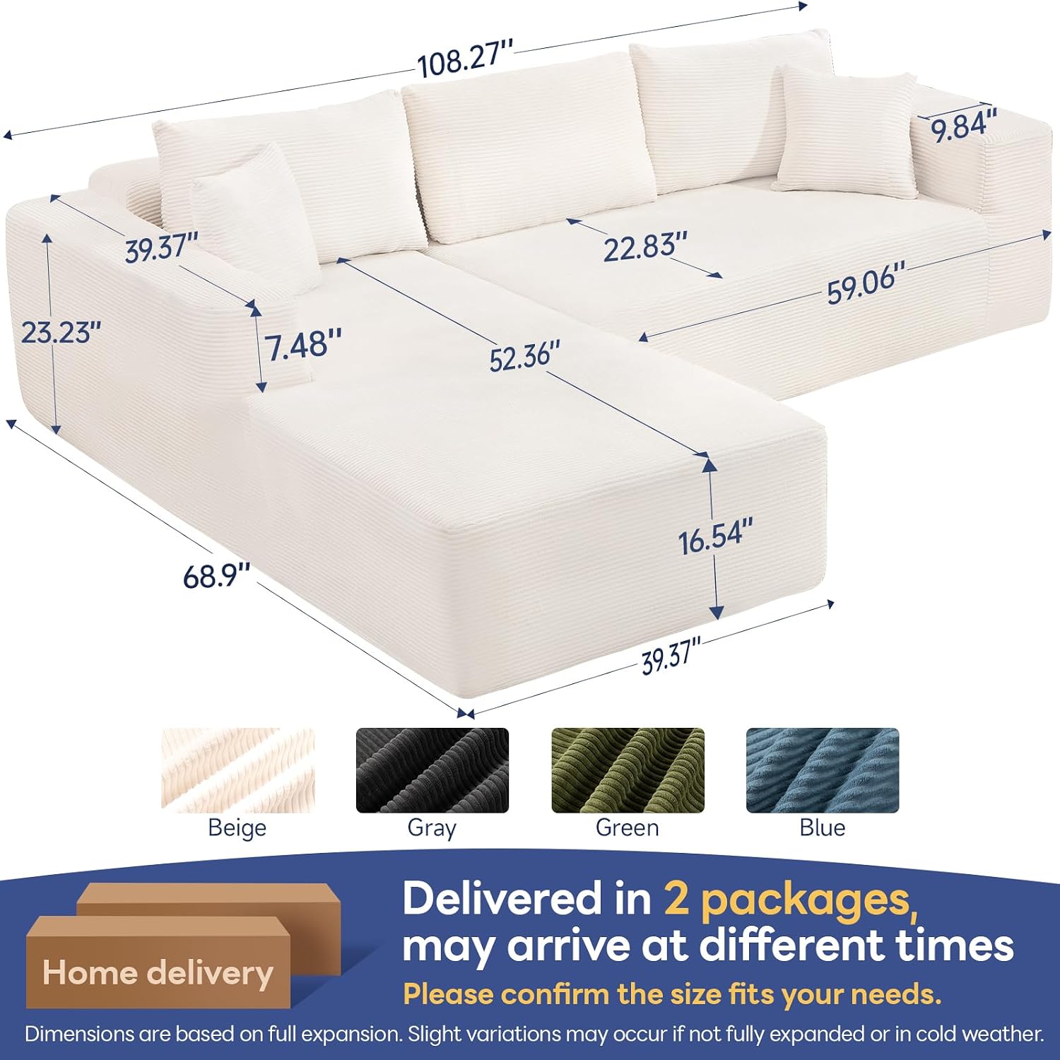 Brage Living 2025 New 108' Cloud Couch Sectional, Comfy Boneless Modular Sectional Sofa with L-Shaped Chaise, Deep Seat Couch for Living Room, No Assembly Required (Beige, Left Facing Chaise)