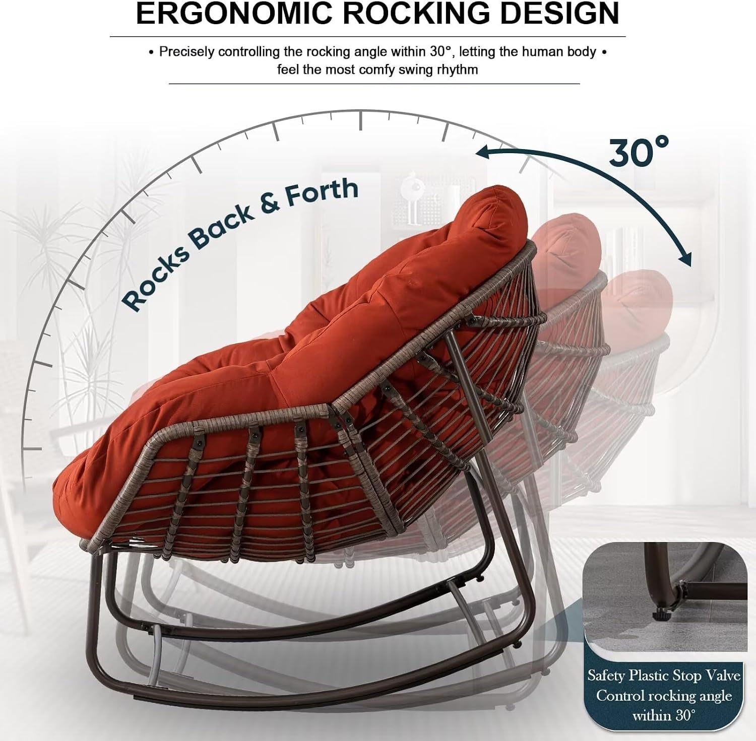 Outdoor Papasan Rocking Chair, Patio Oversized Wicker Egg Rocking Chair, Indoor & Outdoor Comfy Rocker Chair with Thick Cushion, Modern Lounge Chair for Front Porch, Garden, Backyard, Orange