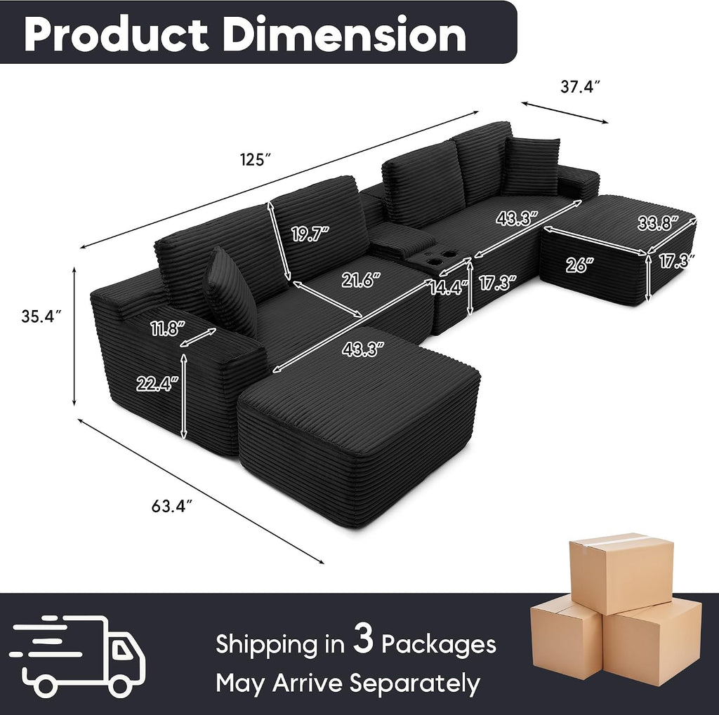 125 Inch Modular Sectional Sofa, Modern Oversized Corduroy Cloud Couch with 2 Ottomans, Cup Holders and USB Ports, U Shape Couch Boneless Couches for Living Room, No Assembly Required, Black
