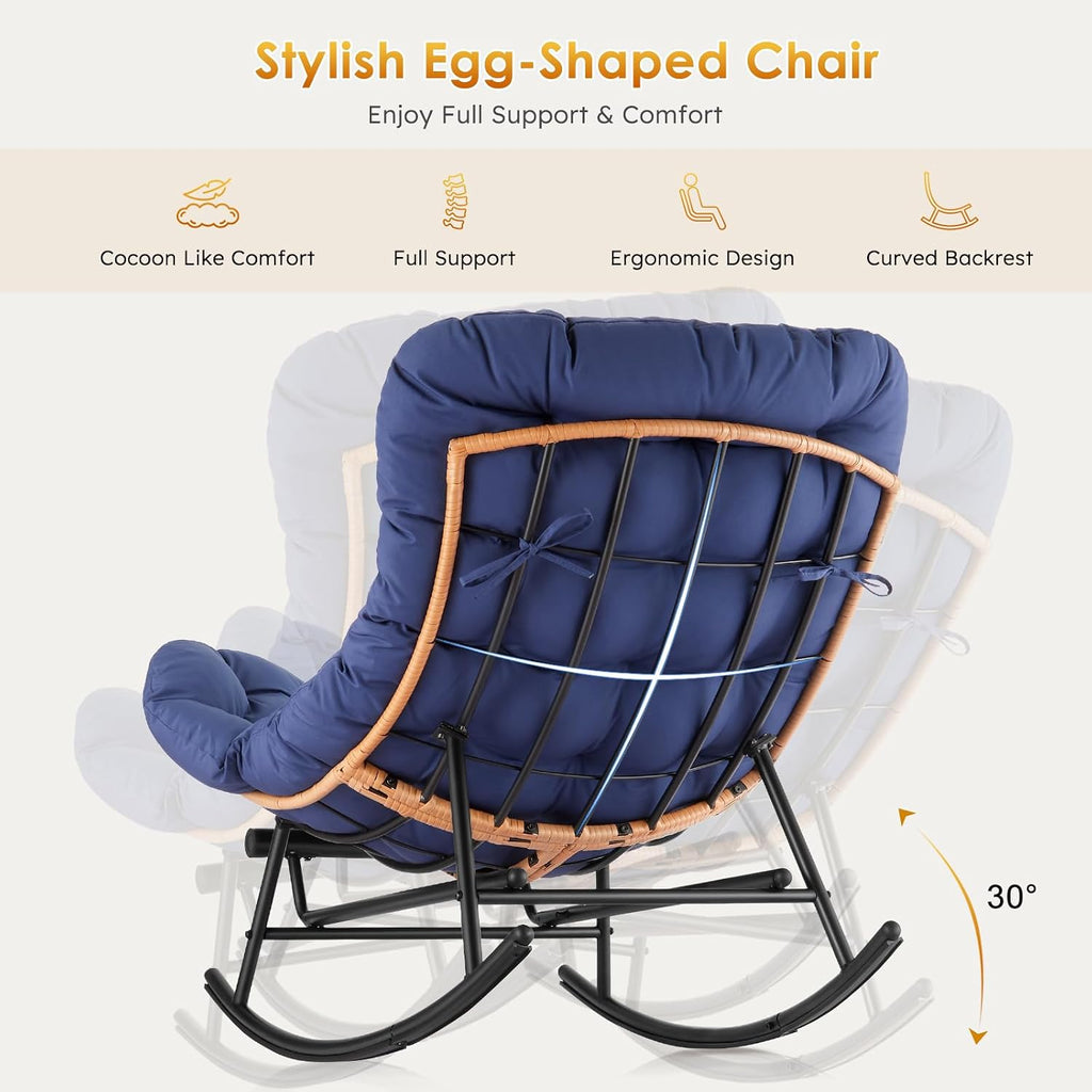Garvee 2PCS Papasan Rocking Chair with Foot Rest, Oversized Papasan Chair with Thick Removable Cushion and Metal Frame, Lounge Chairs and PE Rattan Rocker for Patio, Porch, Garden, Lawn, Living Room