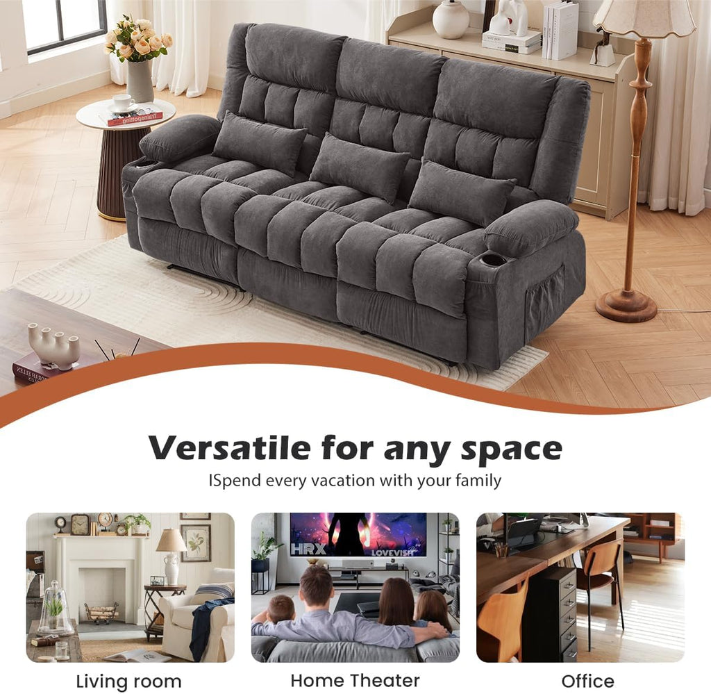 MAHOMICO Recliner Sofa with Cup Holders for Living Room 3 Seat Manual Oversized Recliner Chiar with Ergonomic, Side Pocket for Adult
