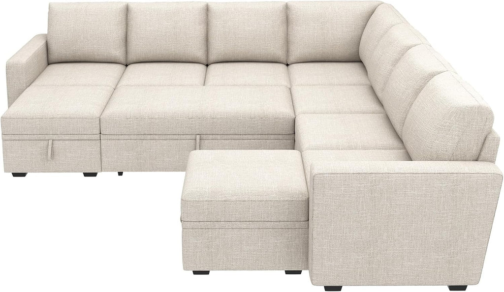 HONBAY Modular Sectional Sleeper Sofa with Pull Out Couch, Oversized U Shaped Sleeper Pull Out Bed with Storage Sectional Couches for Living Room - Beige
