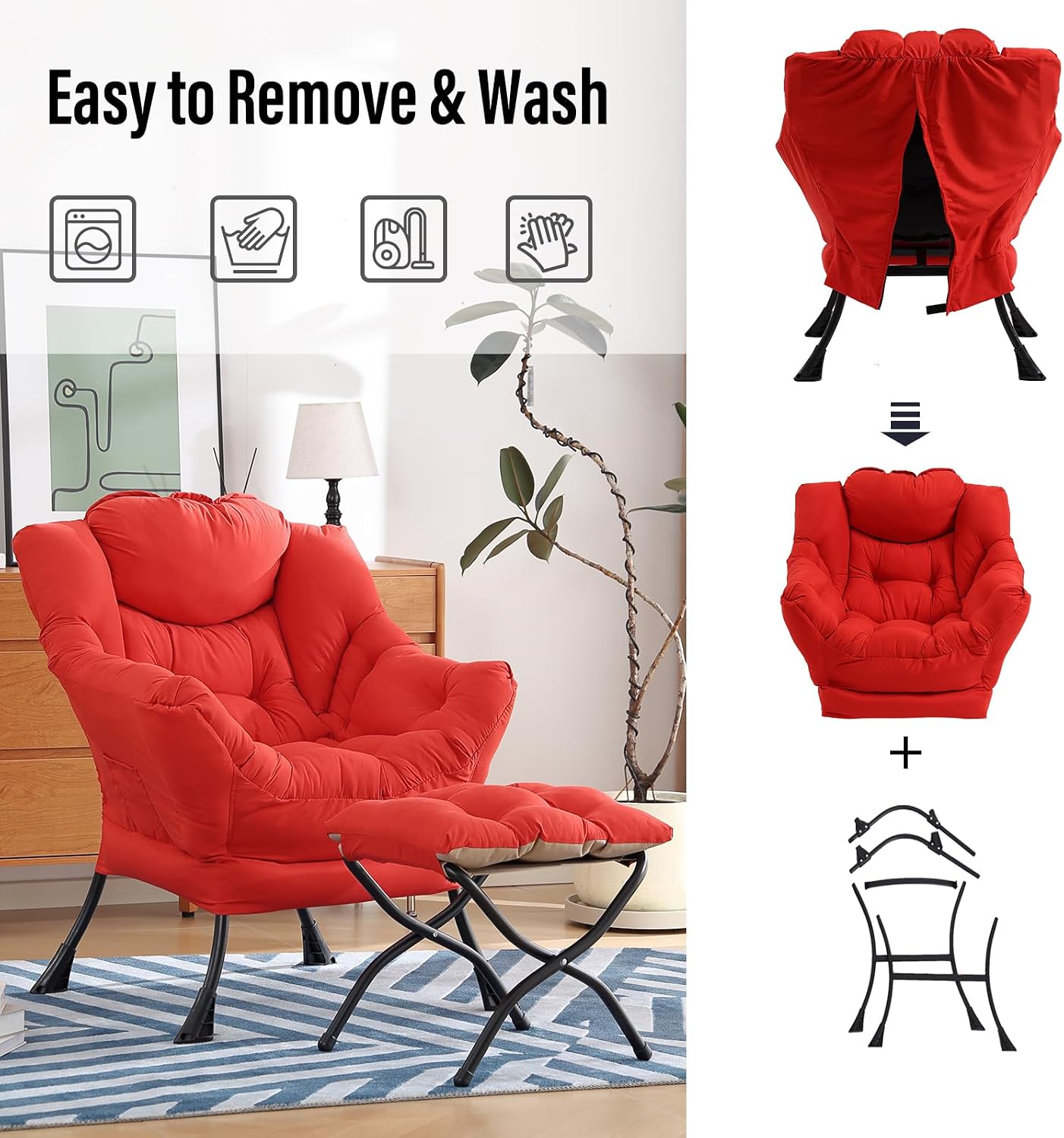 Furlide Lazy Chair with Ottoman, Modern Accent Chair with Armrests and a Side Pocket, Red Accent Chairs, Comfortable Reading Chairs, Oversized Armchairs for Bedroom, Study, Living Room, Courtyard