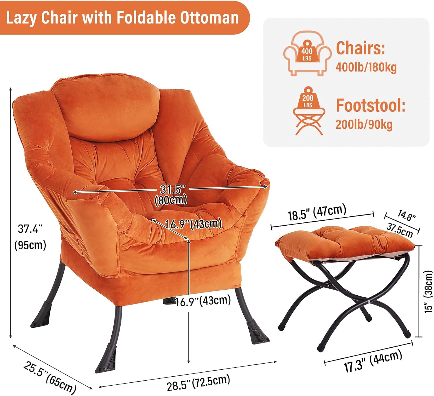 Furlide Lazy Chair with Ottoman, Modern Accent Chair with Armrests and a Side Pocket, Velvet Orange Accent Chairs, Reading Chairs, Oversized Armchairs for Bedroom, Study, Living Room, Courtyard