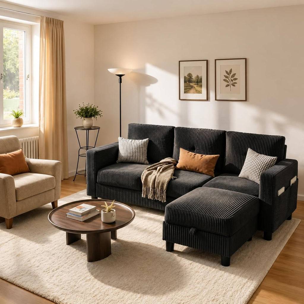 Convertible Sectional Sofa with Storage Ottoman, 77' L-Shaped 3-Seat Couch with Skin-Friendly Corduroy Fabric, Reversible Small Sectional for Small Space, Apartment, Living Room and Office(Black)