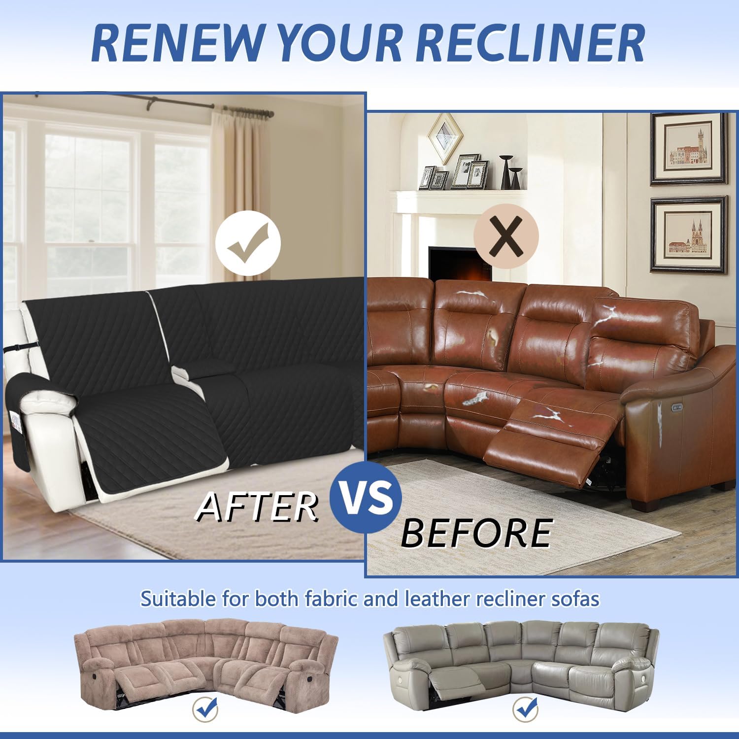 Arfntevss Recliner Sectional Couch Covers 1OO% Waterproof L Shape Sofa Cover for Reclining L Shaped Sectional Slipcover Dog Washable Corner Non Slip Protector (XL 5 Seater with 1 Console, Black)