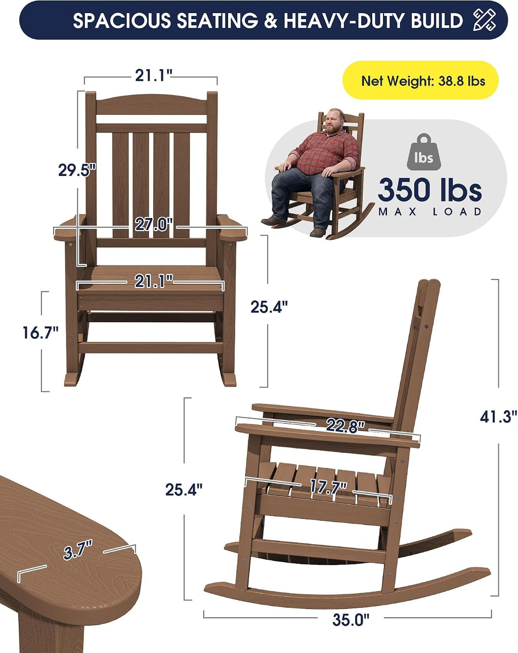 KINGYES Oversized HDPE Rocking Chairs Outdoor, Patio Rocking Chairs with 350lbs Support, Smooth Porch Rocker for Deck Lawn Yard, Brown