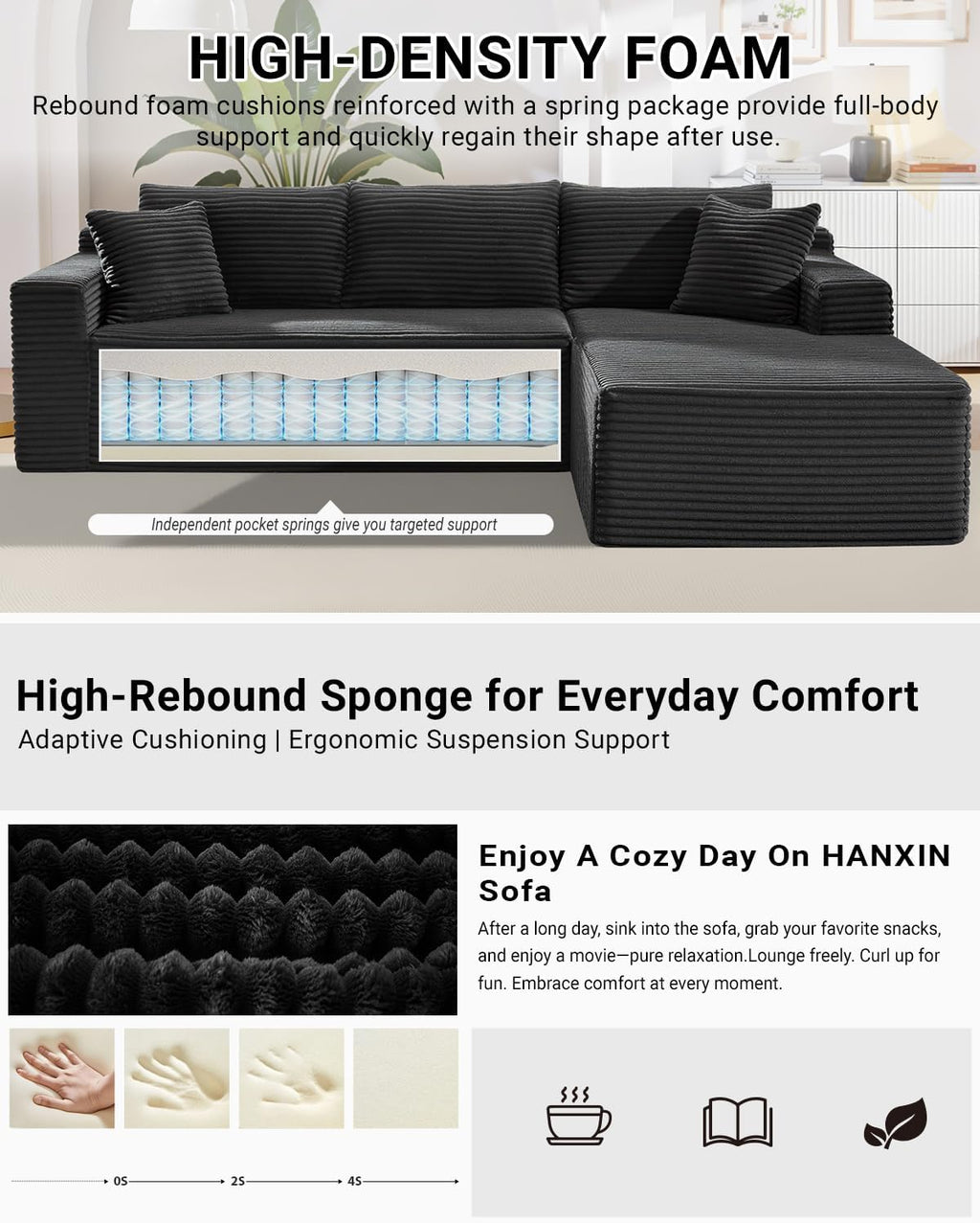 Cloud Sectional Couch,105 Inch Modular Sectional Sofa with Deep Seat,Modern Corduroy Boneless Couches with L-Shape Chaise for Living Room Bedroom,No Assembly Required (Black, Right Facing Chaise)