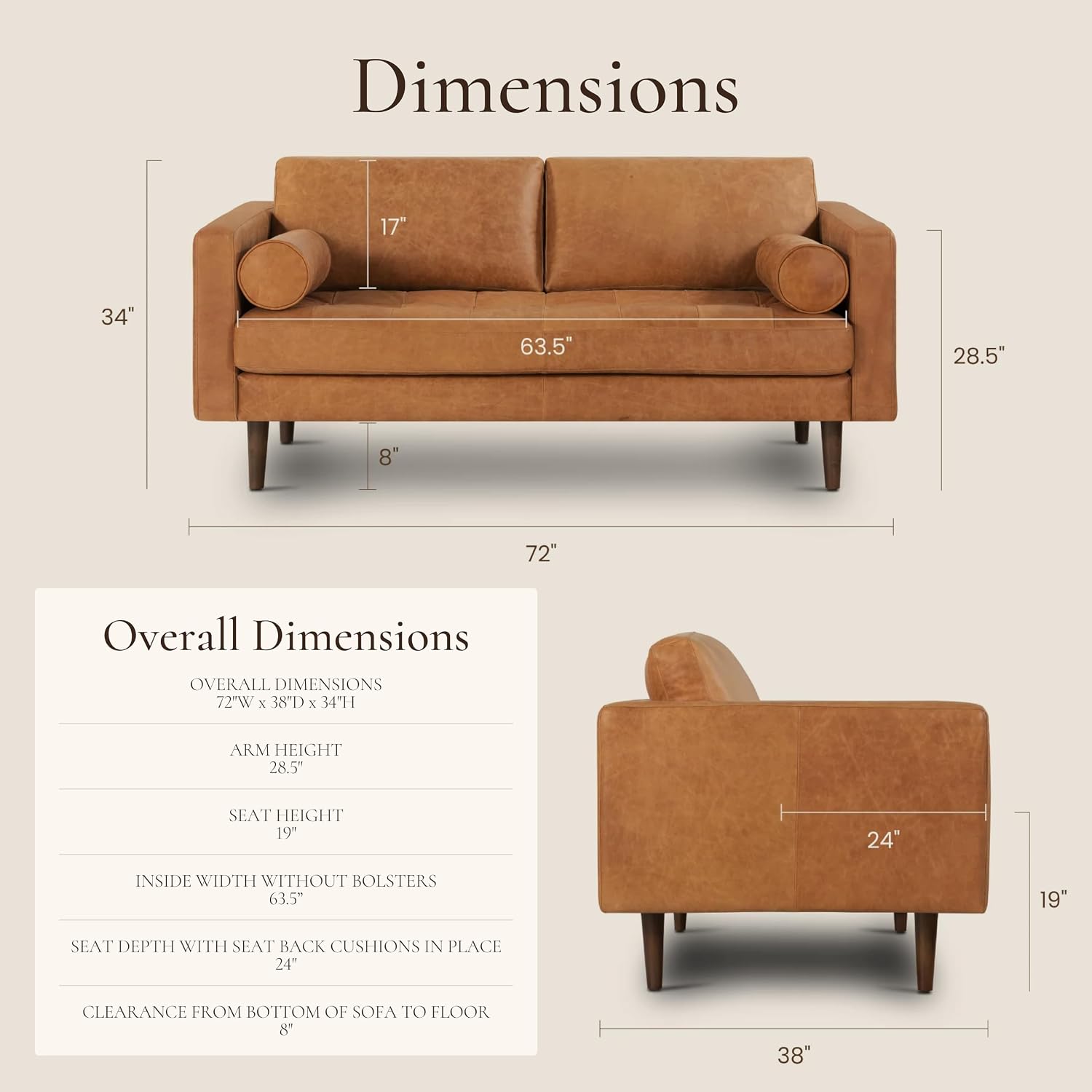 POLY & BARK Napa 72' Leather Sofa – Full-Grain Italian-Tanned Aniline Leather, Feather-Down Comfort, Solid Wood Frame, Walnut Legs, Cognac Tan