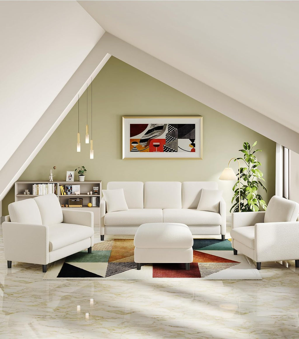Welzona Loveseat, 51' Small Couch, Comfy Teddy Love Seat for Living Room, Tool-Free Setup Loveseat Sofa for Small Spaces, All-Wood Small Sofa Couch for Bedroom, Cream White
