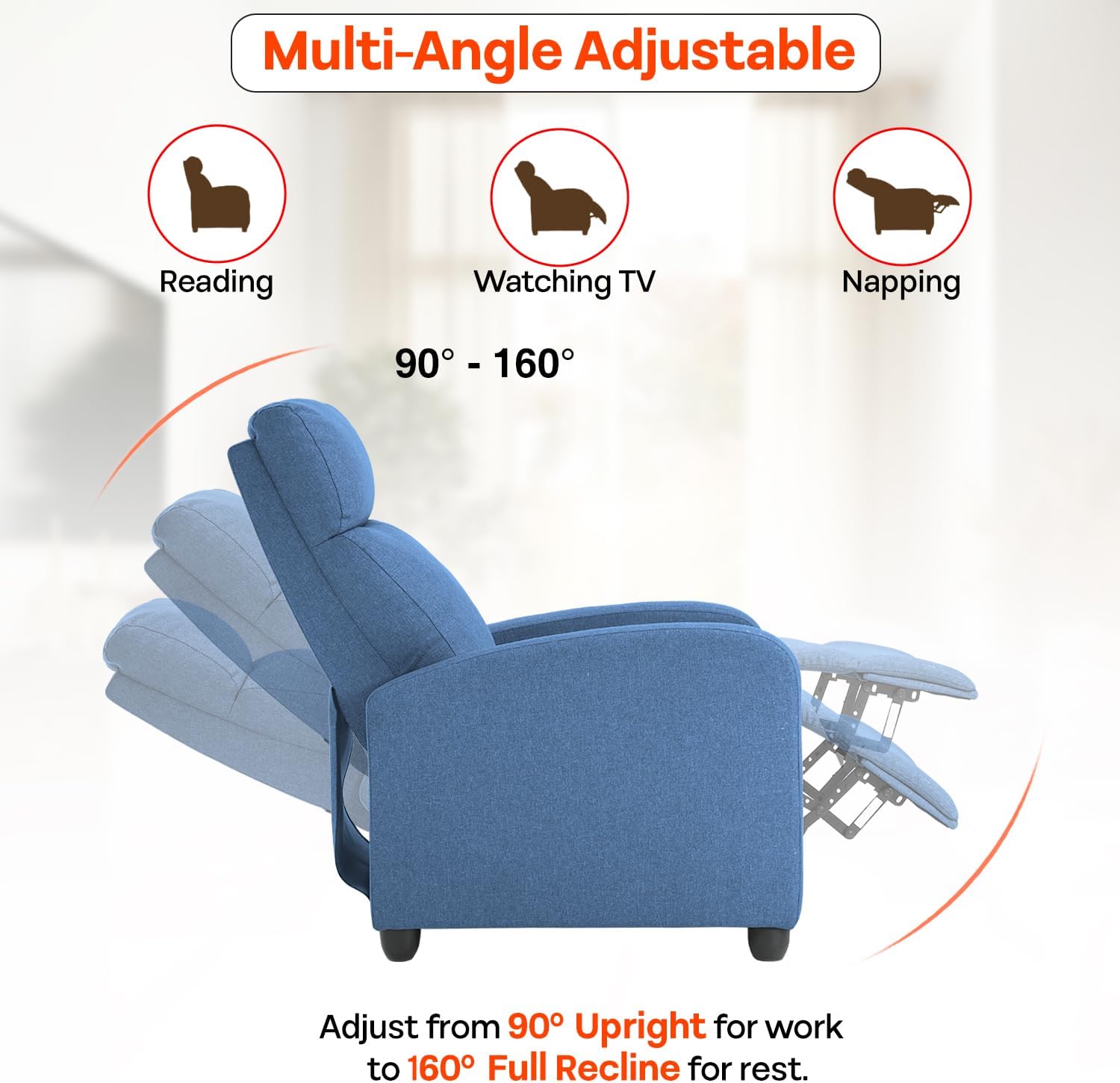 FDW Recliner Chair Massage Chair Reading Chair Reclining Sofa Home Theater Seating with Lumbar Support Massage and Padded Backrest for Living Room and Bedroom (Textile, Blue)