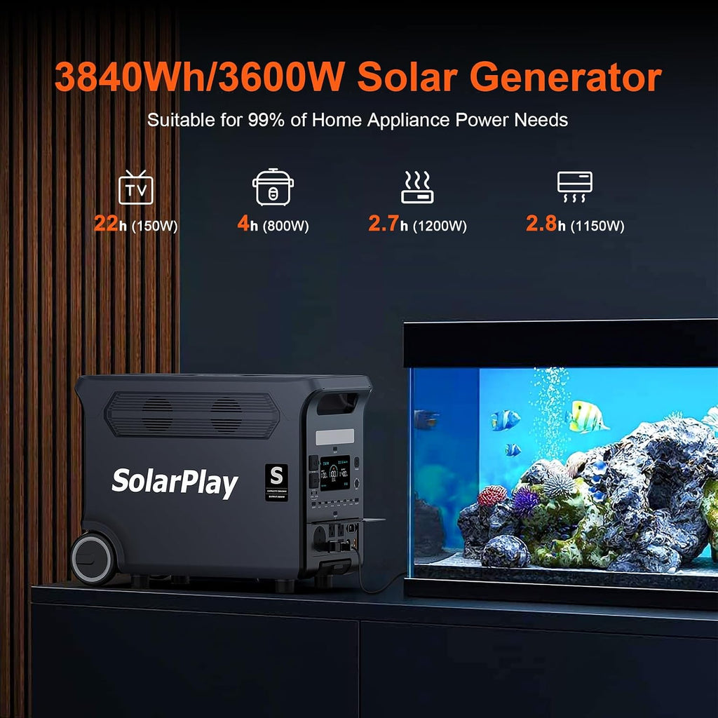 SolarPlay Q3600 3600W/3840Wh Portable Power Station With 200W Solar Panel, 2.5Hrs Fast Charging Solar Generator with LiFePO4 Battery, 5500W Surge Emergency Power for Home Backup, RV, Camping