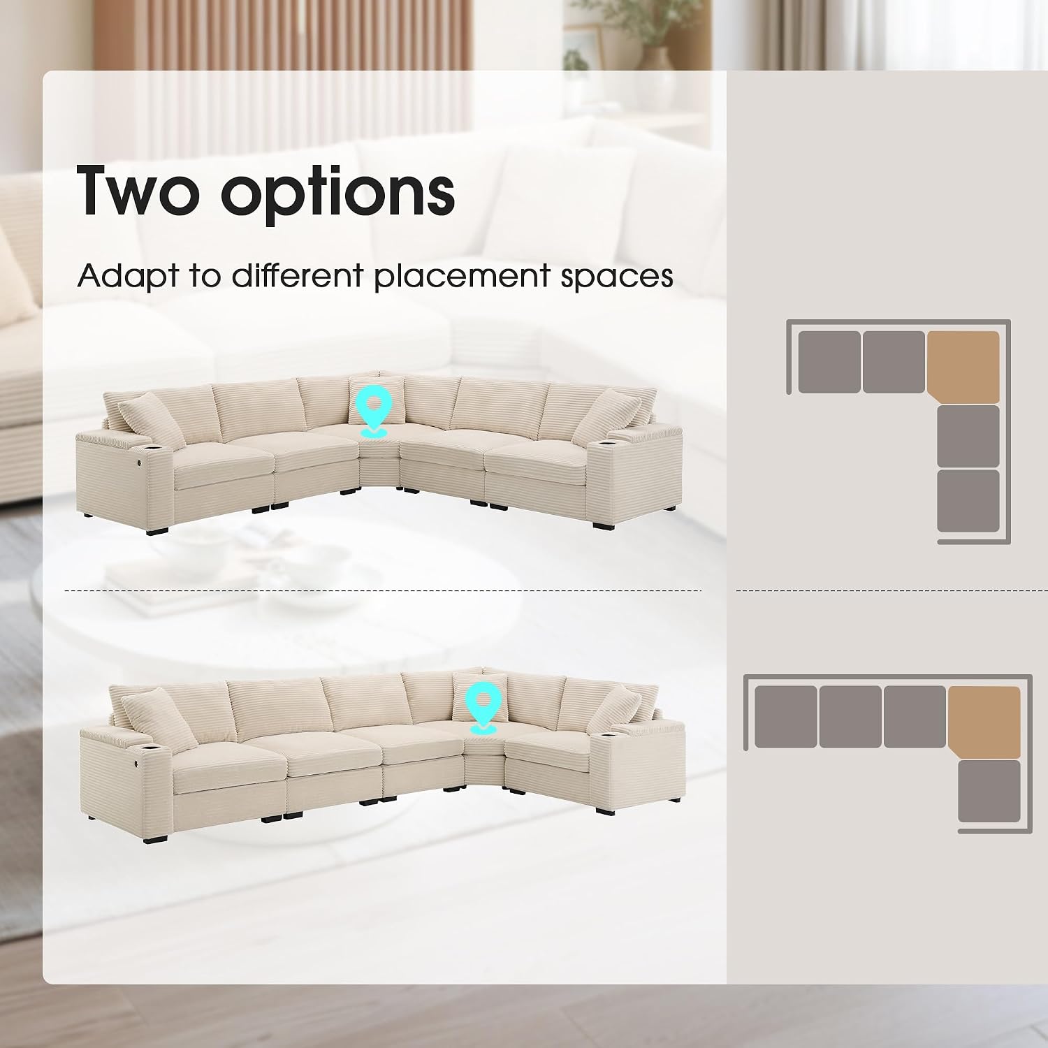 Merax 106' Corduroy Sectional Corner Sofa with Cup Holders & USB Charger, 5 Seat Convertible L Shaped Couch Set with Armrest Storage, Oversized Comfy Modular Sofabed for Living Room & Apartment, Beige