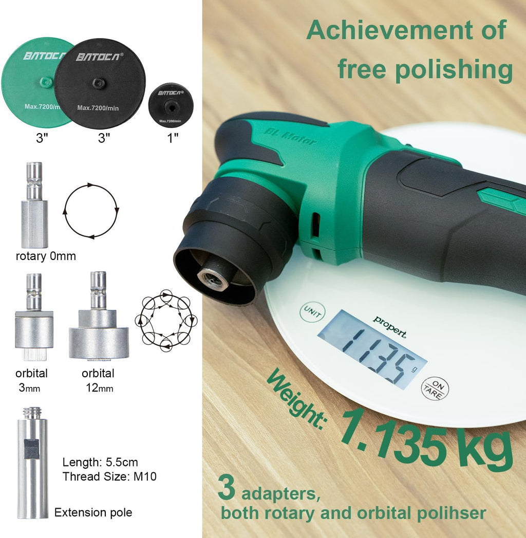 BATOCA S4 Cordless Polisher for Car Detailing with 2Pcs 12V 2.5Ah Batteries, Both Rotary Buffer & Dual Action Polisher, 1&3inch Brushless Polisher, Basic Kit
