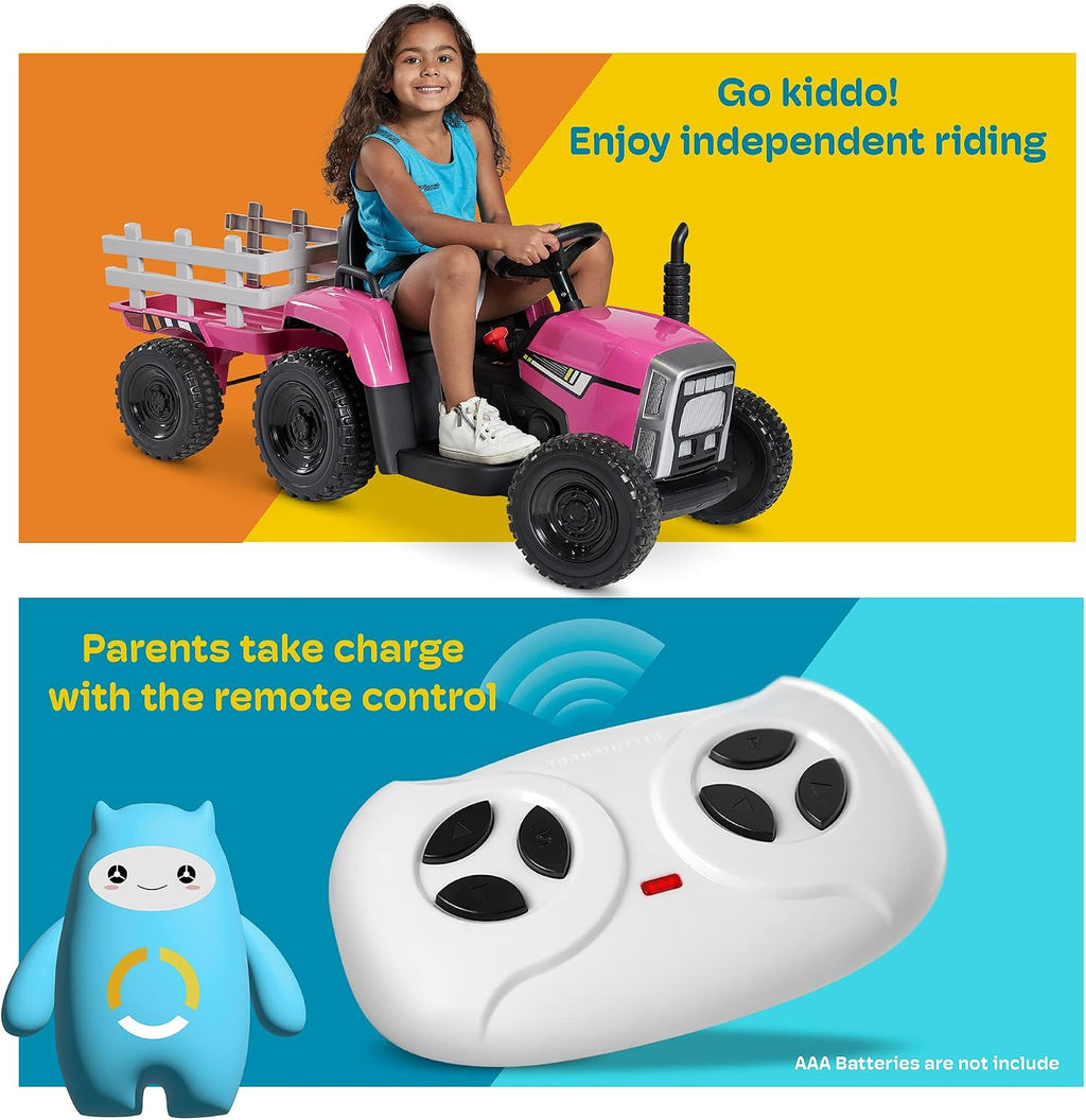 Kidzone 12V7AH Premium Version w/EVA Treaded Tires Dual 35W Motors Boost Power Torque Remote Control Electric Tractor w/Trailer Toddler Ride On Toy 3-Gear-Shift, 7-LED Lights Bluetooth,Pink