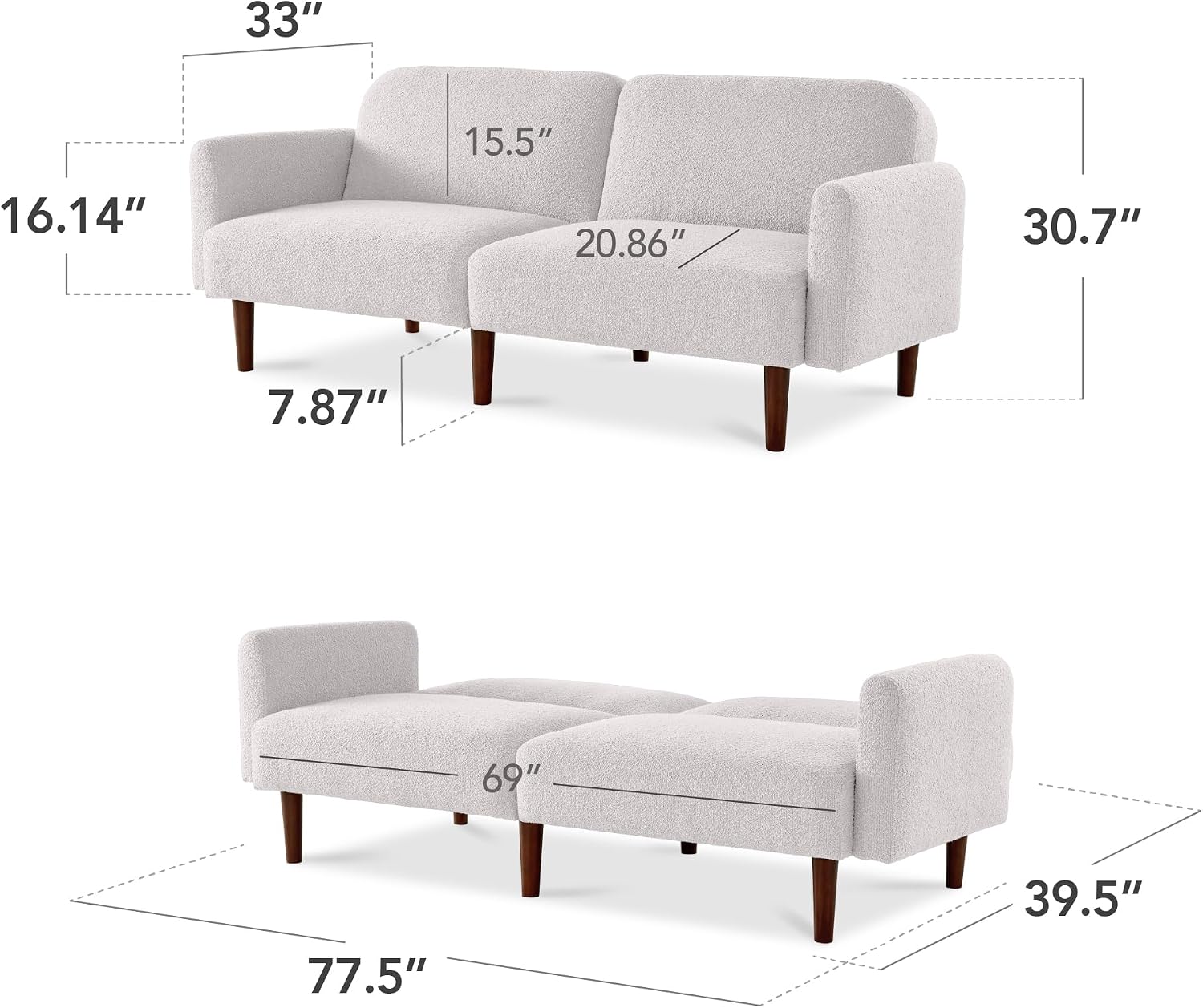 Best Choice Products 77' Mid Century Modern Boucle Loveseat Sofa, Couch, Convertible Sofa Sleeper Bed w/Real Wood, Removable Armrest - Frost Gray
