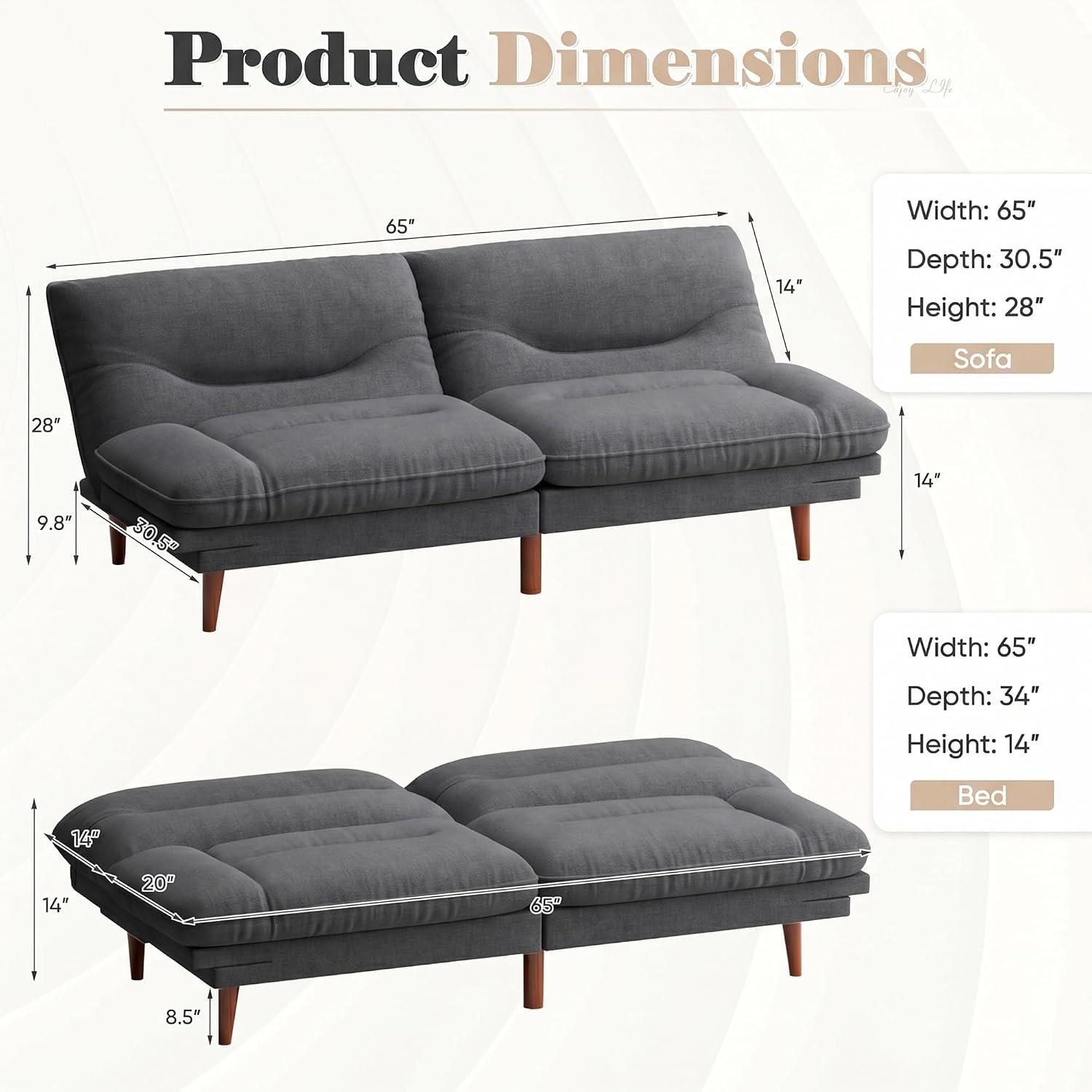Homall Futon Sofa Bed, Modern Loveseat Futon Couch with Adjustable Backrest and Armrests, Sleeper Sofa Bed with Wood Frame for Living Room, Office, Apartment (Fabric, Dark Grey)
