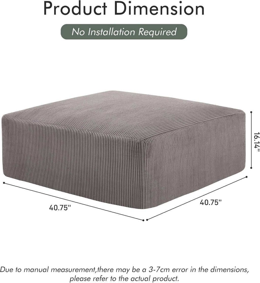 Gericco 113' Modular Sectional Couch, Cloud Boneless Sofa with Deep Seats, Upholstered Corduroy Square Stuffed Ottoman Pouf, 40 * 40 Inch Furry & Fluffy Movable Foot Stool for Living Room, Grey