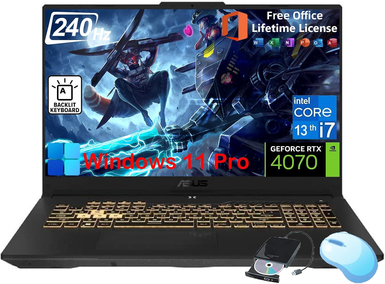 ASUS TUF F17 Gaming Laptop - 17.3' 2.5K WQHD 240 Hz Display, RTX 4070 Laptop, Intel i7-13620H, with Office Lifetime, 32GB DDR5,2TB SSD, Windows 11 Pro, Backlit KB, Wi-Fi 6, External DVD Drive