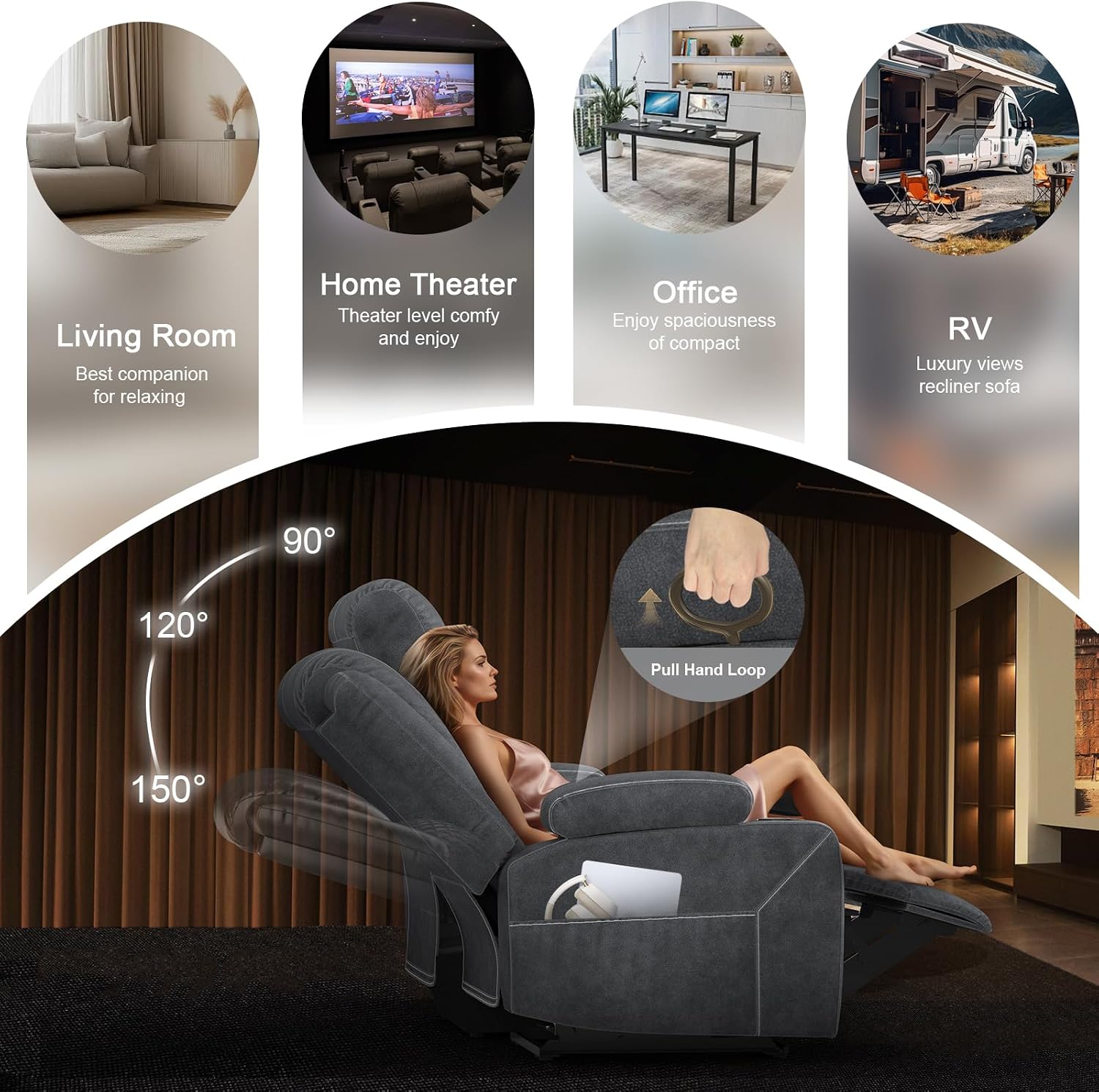 Redesigned Recliner Sofa 3 Seater Couch with Recliner, Home Theater Seating with Liftable Console & Removable Armrest, Manual Velvet Fabric Sofa Reclinering with Storage & USB Ports for Living Room