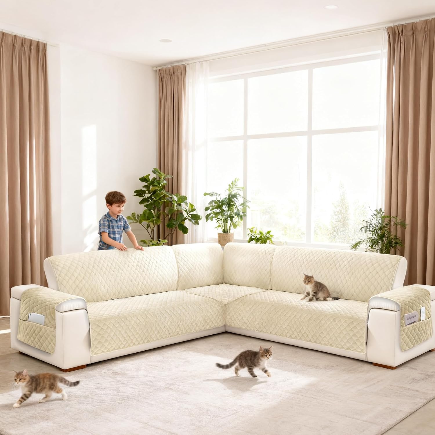Sectional Couch Covers for Dogs 100% Waterproof Corner L Shaped Sofa Cover Pet Friendly Velvet Washable Anti Slip L Shape Modular Sofa Slipcover Protector with Pockets (Beige, X-Large)