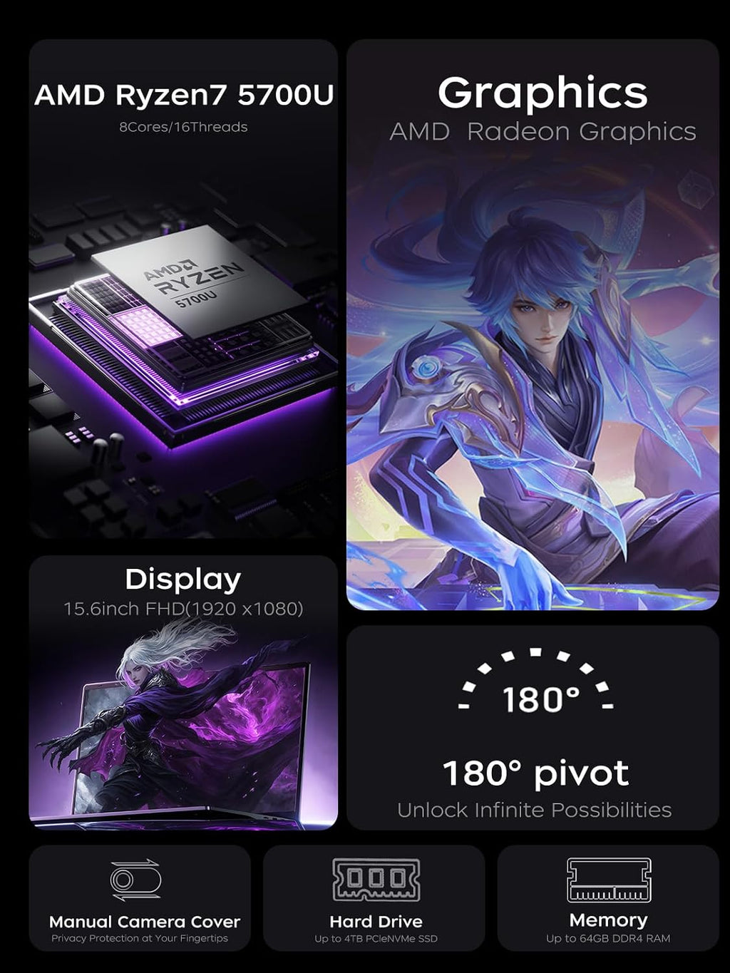 KAIGERR 2025 AMD Gaming Laptop, 15.6inch Laptop Computer with AMD Ryzen 7 5700U(8C/16T, Up to 4.3GHz), 16GB RAM 512GB NVMe SSD Windows 11 Laptop, Radeon RX Vega 8 Graphics,WiFi 6