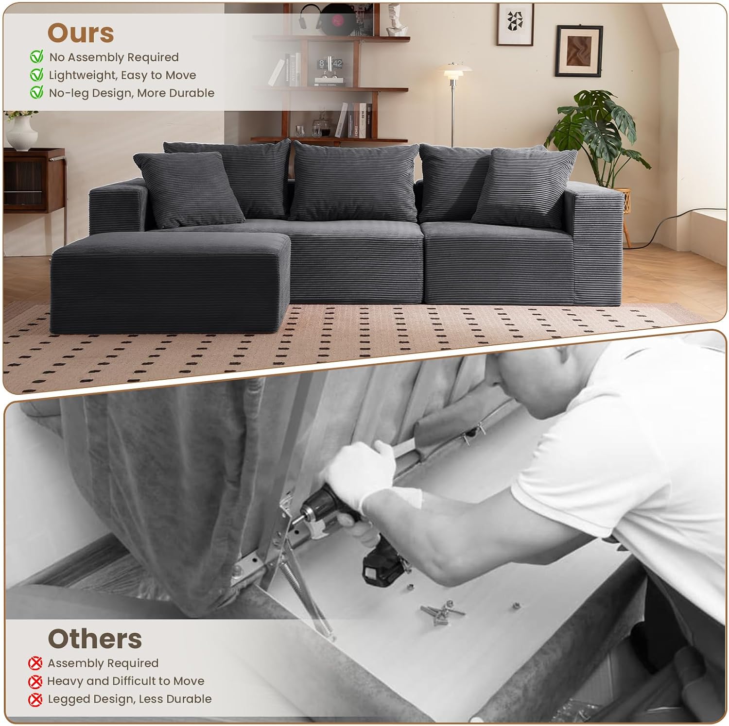 108' L-Shaped Boneless Couch, Modular Sectional Sofa with Moveable Ottoman, Corduroy Cloud Couches for Living Room, No Assembly, Ship in a Box, Ash Gray