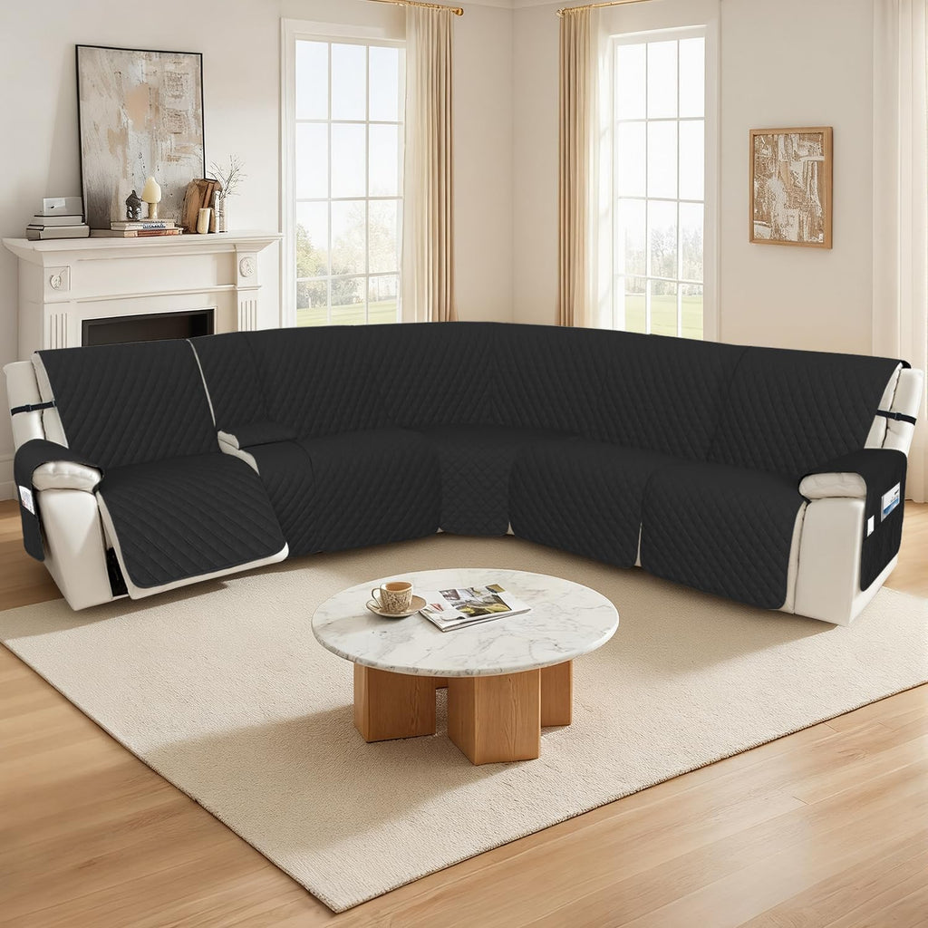 Arfntevss Recliner Sectional Couch Covers 1OO% Waterproof L Shape Sofa Cover for Reclining L Shaped Sectional Slipcover Dog Washable Corner Non Slip Protector (XL 5 Seater with 1 Console, Black)