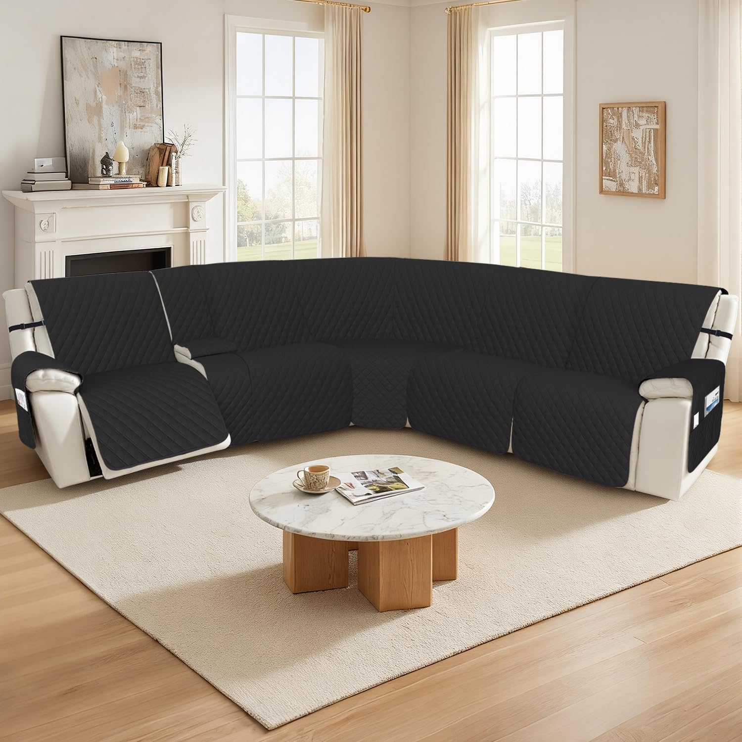 Arfntevss Recliner Sectional Couch Covers 1OO% Waterproof L Shape Sofa Cover for Reclining L Shaped Sectional Slipcover Dog Washable Corner Non Slip Protector (XL 5 Seater with 1 Console, Black)