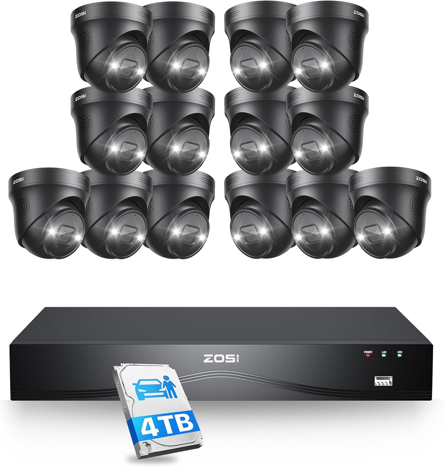 ZOSI 24CH 4K PoE Security Camera System with Face Person Vehicle Detection,24CH 8MP Dual Disk NVR with 4TB HDD,14pcs 4K Outdoor PoE Cameras,2 Way Audio,Spotlight Siren,Night Vision,for 24/7 Recording