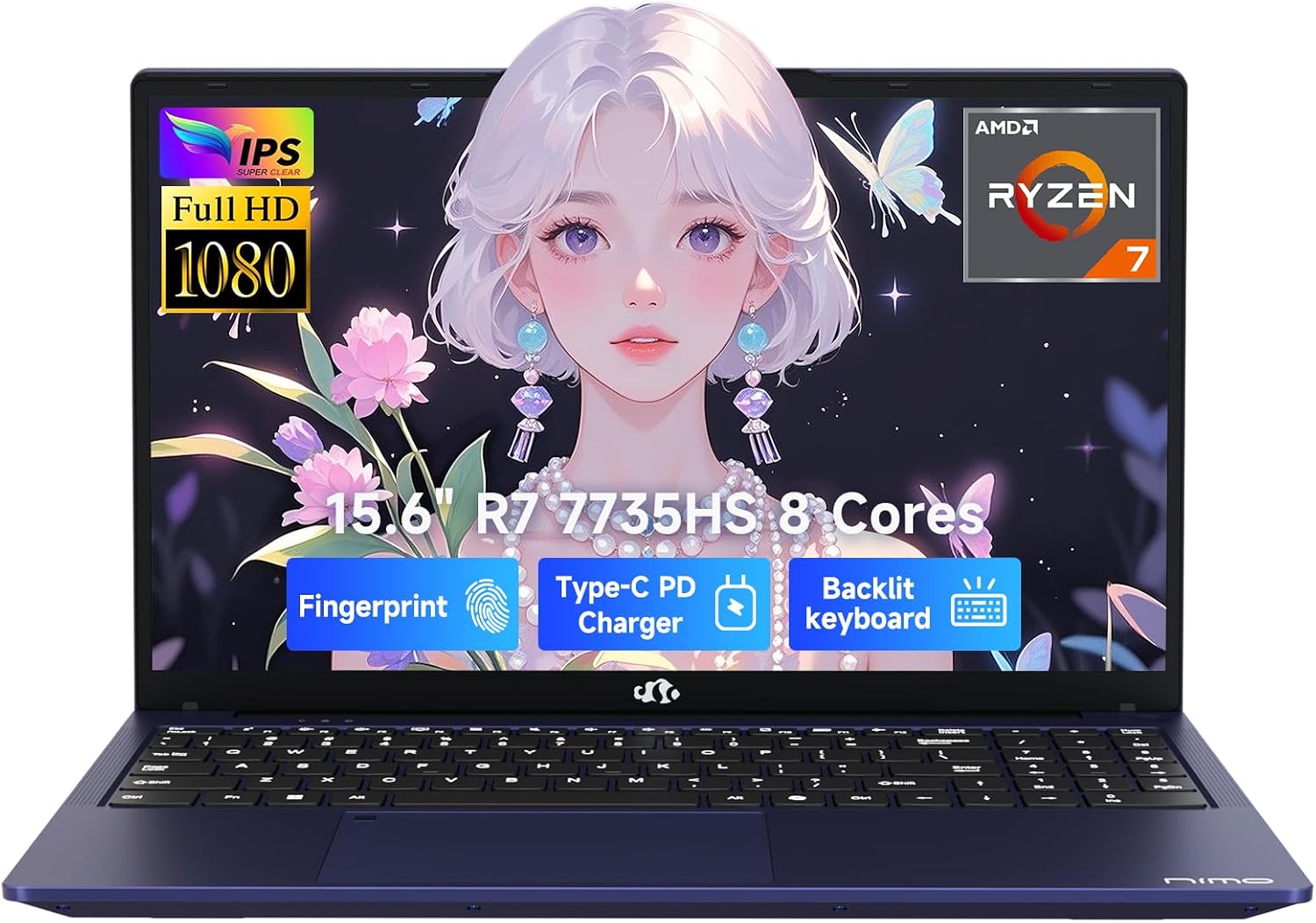NIMO 15.6' IPS FHD-Gaming-Laptop, AMD 8 Cores Ryzen 7 7735HS 64GB DDR5 RAM 2TB SSD (Beats i7-12650H Up to 4.75GHz) AMD Radeon 680M GPU-Computer with 100W Type-C Backlit Keyboard Fingerprint