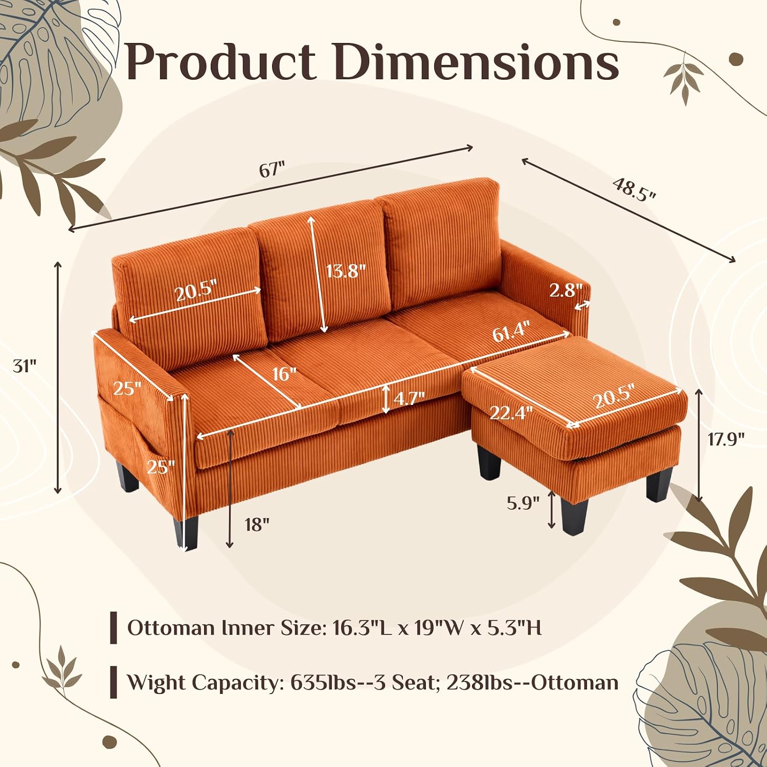 Karl home Small Sectional Couch L Shaped Sofa with Movable Storage Ottoman Corduroy Upholostered Sofa Chaise with Side Pockets for Living Room, Apartment, Studio, Orange