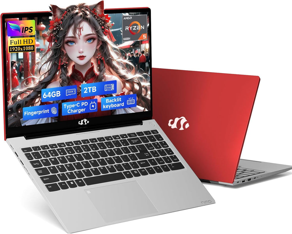 NIMO 15.6' IPS FHD-Gaming-Laptop, 6 Cores AMD Ryzen 5 6600H 64GB DDR5 RAM 2TB SSD (Beat i7-1165G7 up to 4.5GHz) 660M 6nm GPU-Computer with 100W Type-C Backlit Keyboard, Fingerprint
