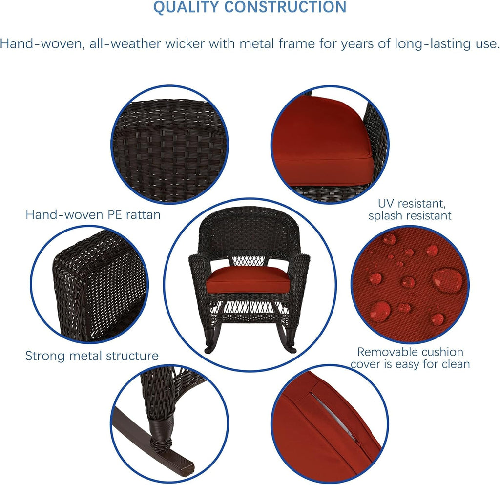 Jeco Rocker Wicker Chair with Red Cushion, Set of 2, Espresso