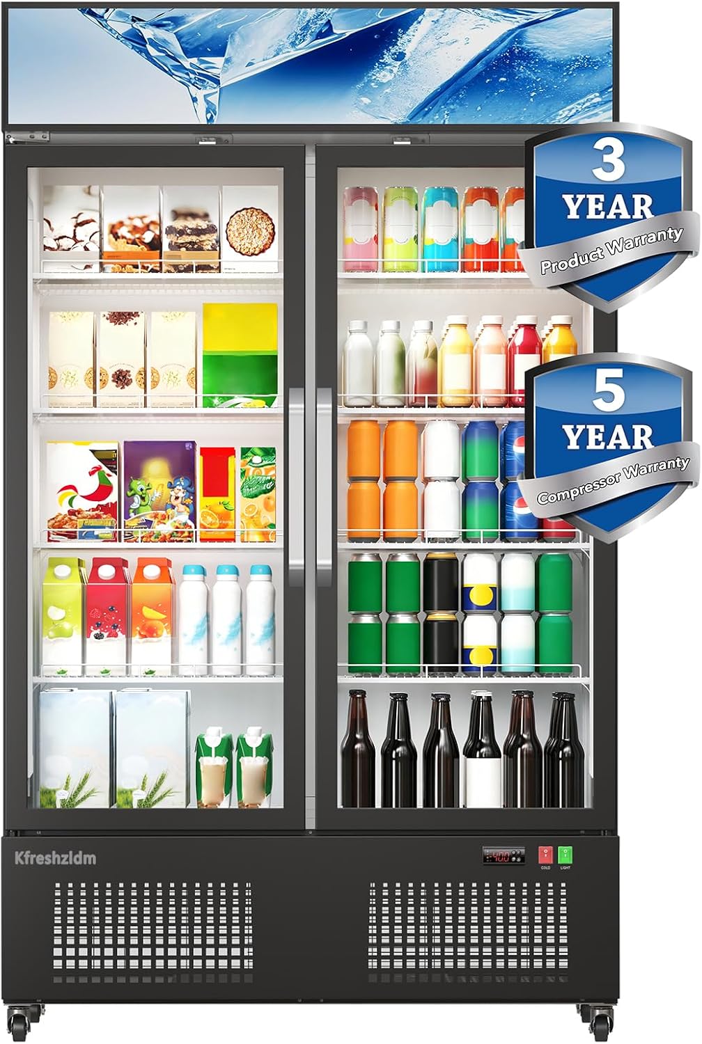 35 Cuft ETL & DOE Certified Commercial Merchandiser Refrigerators 2 Doors,Upright Display Retail Fridge Cooler with Adjustable Shelves,Built-in LED Light,Lightbox,Lockable Doors,Black,Kfreshzldm