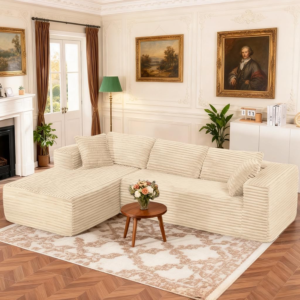 COMHOMA 105'Modular Sectional Sofa with Deep Seat,Cloud Upholstered L-Shape Couch Wide Arms Corduroy Fabric High-Density Foam Chaise Lounge for Living Room No Assembly Required