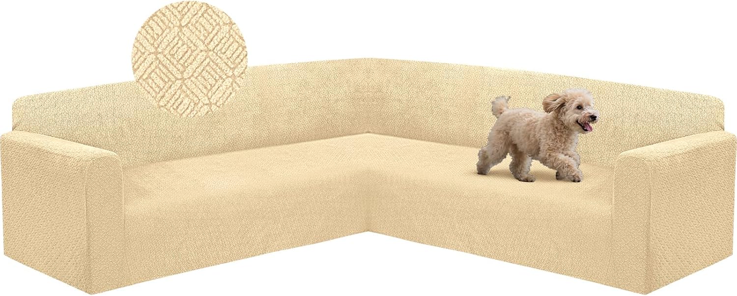 HDCAXKJ Sectional Couch Cover L Shape Stretch Sofa Covers Washable Jacquard Corner Couch Slipcover Non Slip Sectional Slip Cover U Shaped Furniture Protector for Pets Dogs (Beige, X-Large)