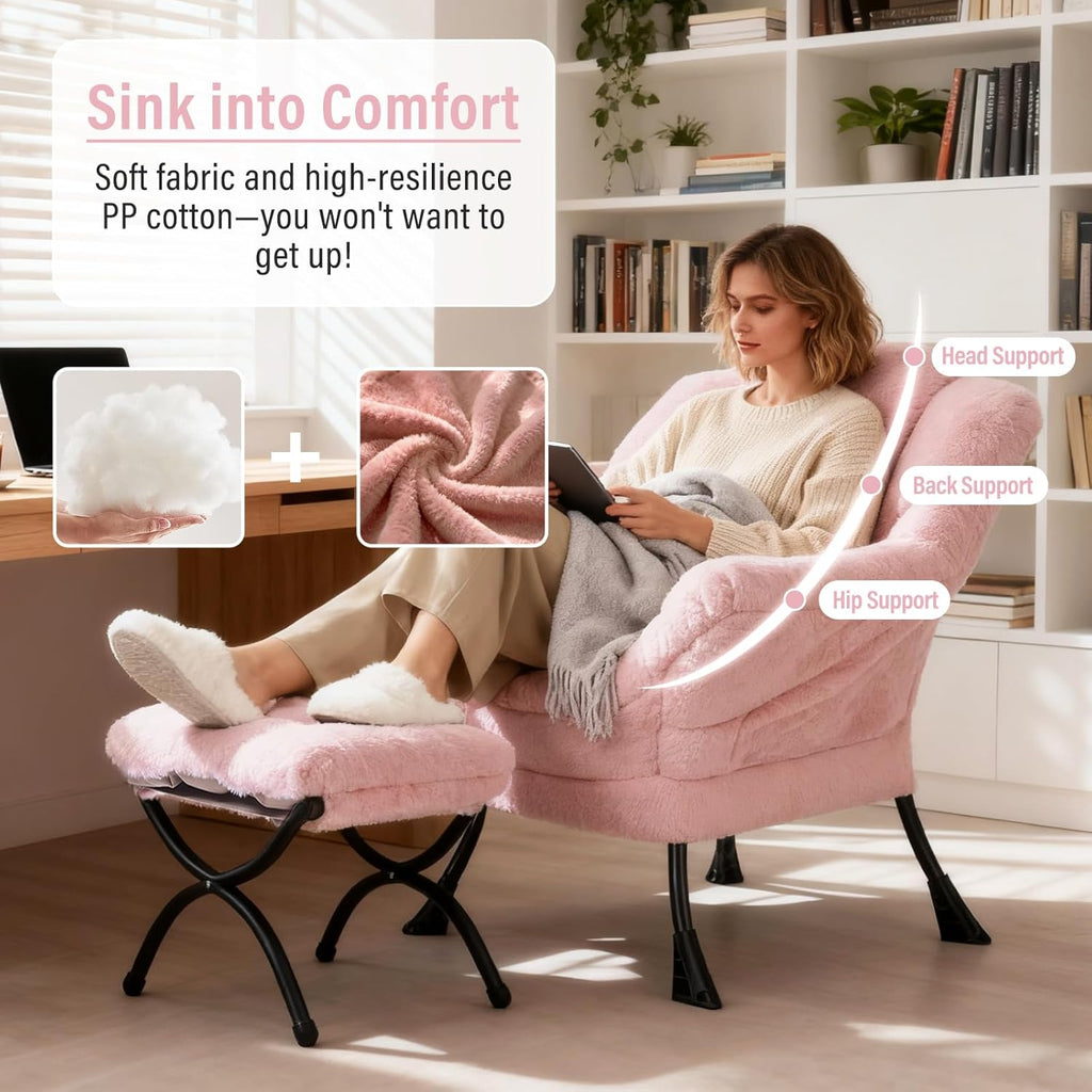 Furlide Lazy Chair with Ottoman, Modern Accent Chair with Armrests and a Side Pocket, Plush Pink Accent Chairs, Reading Chairs, Oversized Armchairs for Bedroom, Study, Living Room, Courtyard