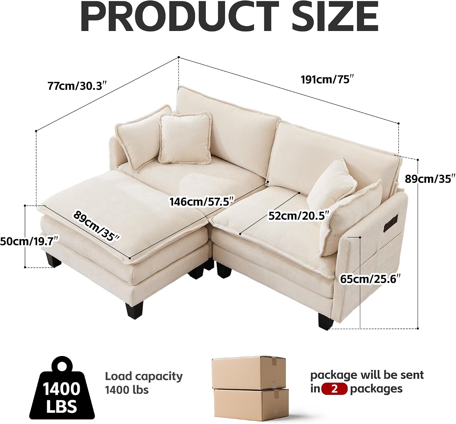 Opiesit Modular Sectional Sofa with Movable Ottoman, 75' 3-Seat Modern Couches for Living Room, Comfy L Shaped Couch Set with Deep Seat for Office and Apartment, Beige Chenille Fabric