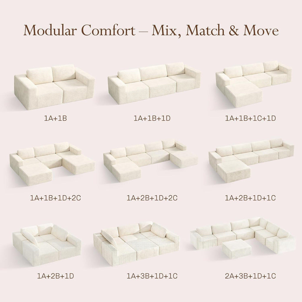 Vesgantti 119' L-Shaped Modular Sectional Sofa, Corduroy Cloud Couch with Deep Seating & Spring Support, Flexible Layout Sofa with Ottoman, Boneless Style, No Assembly Required, Beige