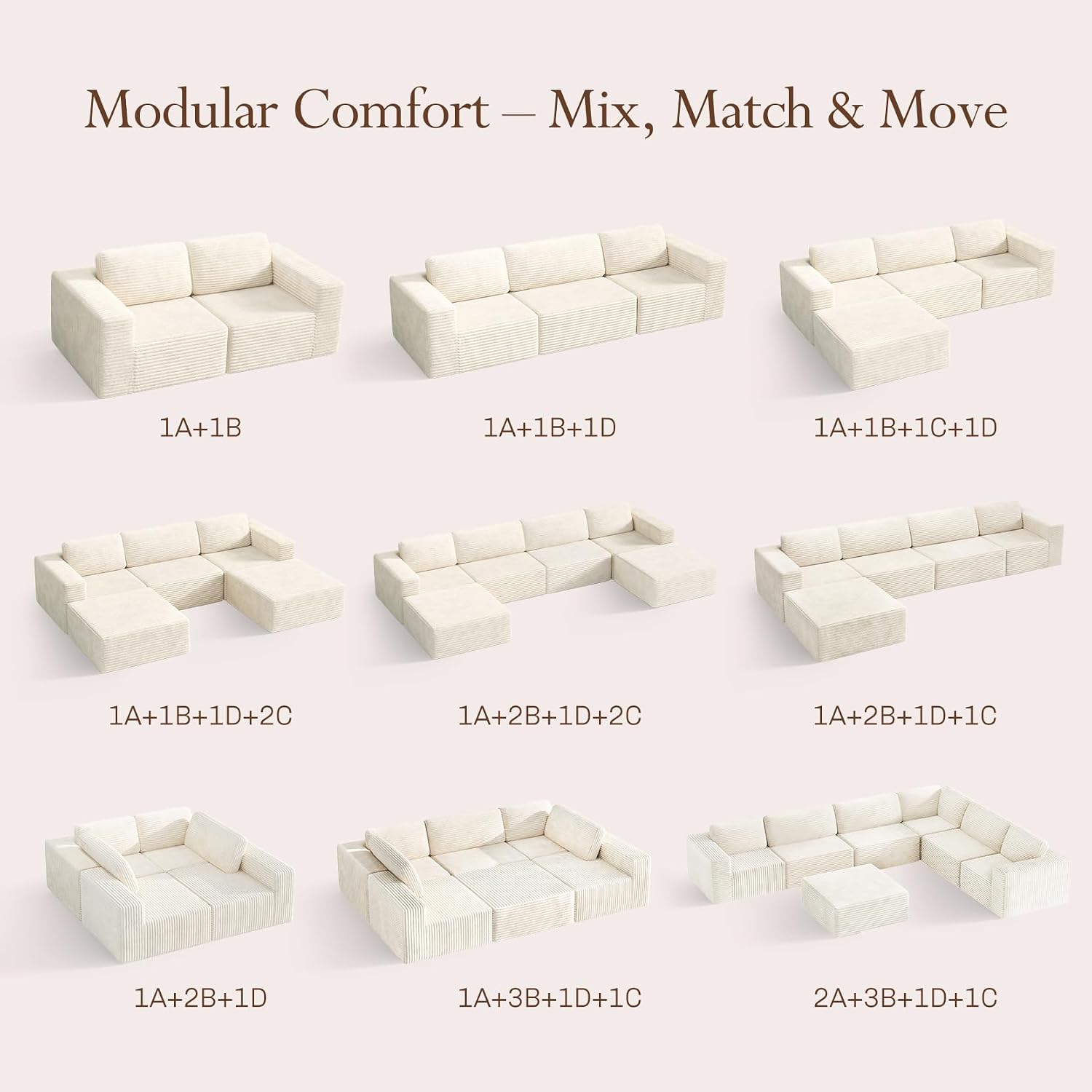 Vesgantti 119' L-Shaped Modular Sectional Sofa, Corduroy Cloud Couch with Deep Seating & Spring Support, Flexible Layout Sofa with Ottoman, Boneless Style, No Assembly Required, Beige